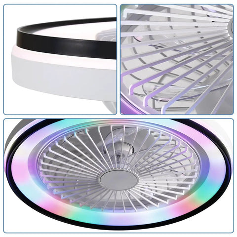 19 Inch Enclosed Bladeless Flush Mount Ceiling Fan with RGB Dimmable Light showcasing dual lighting and decorative RGB.