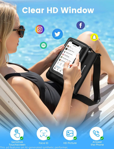 Person using Triple Seal IPX8 Waterproof Fanny Pack With Touch Screen Dry Bag by a pool with phone in waterproof pouch.