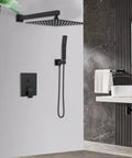 Dope Matte Black Shower Faucet Set With 10 Inch Luxury Brass Rain Shower Head And Handheld Spray in modern bathroom setting