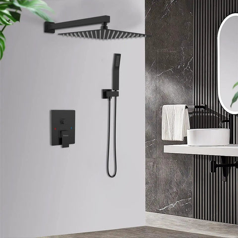 Dope Matte Black Shower Faucet Set With 10 Inch Luxury Brass Rain Shower Head And Handheld Spray in modern bathroom setting