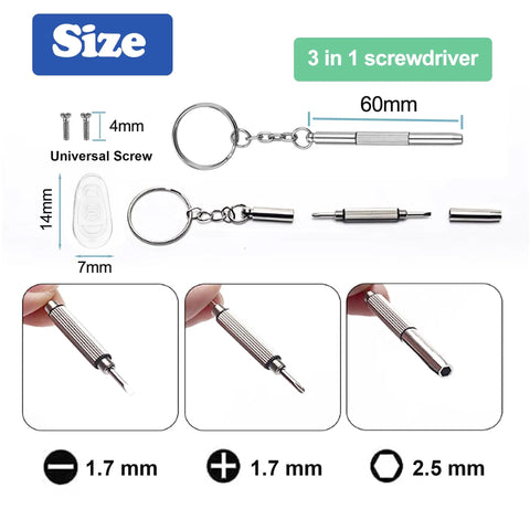 3 in 1 screwdriver tool with keychain, sizes 1.7mm, 2.5mm, compact design for No Sweat Silicone Eyeglasses Nose Pads use.