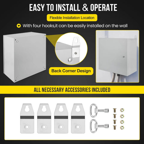Tough As Nails 16 X 16 X 8 Inch Nema 4X Steel Electrical Box with wall installation hooks and accessories included.
