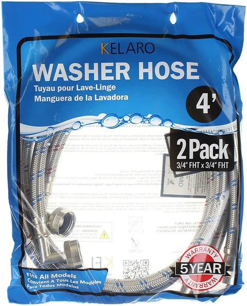 Heavy Duty Double Elbow Stainless Steel Washing Machine Hoses, 4 Foot 2 Pack With Dual 90 Degree Connectors in packaging