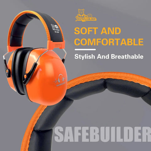 Heavy Duty Ear Protection Muffs With Up To 32dB Noise Reduction Adjustable Hearing Protection For Work Mowing Construction And Lawn Care Orange Noise Canceling Earmuffs For Clear Focus, featuring cushioned ear cups and adjustable headband.