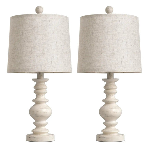 Super Cool Rustic Table Lamp Set Of Two With Vintage Farmhouse Vibes Perfect For Your Living Room Bedroom Or Nightstand In Small Spaces Features Antique White Resin Base And Linen Shade For Cozy Compact Decor
