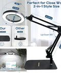 Super Useful 12X Real Glass Magnifying Desk Lamp With Led Light Clamp showing dimensions and features for crafts.