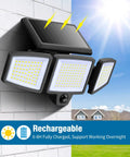 Solar Flood Lights With Motion Sensor, 210 LED 2500LM 6500K, mounted on a wall with solar panel charging under sunlight
