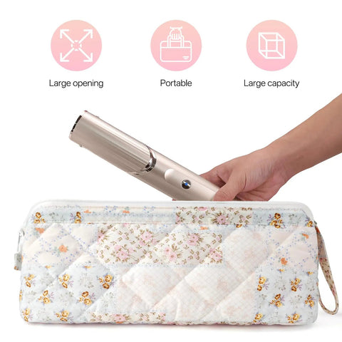 Go To Travel Case For Dyson Airwrap And Hair Dryer Tools Quilted Organizer Bag shown with hand placing a tool inside