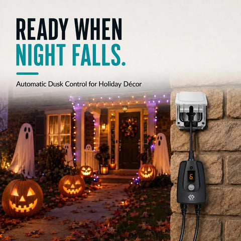 Built Tough Outdoor 24 Hour Light Timer With Photocell Dusk To Dawn Sensor on stone wall, powering Halloween decor with pumpkins.