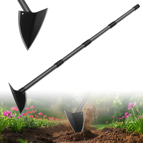 Triangle Garden Hoe With A 60 Inch Long Handle for Weeding Digging and Loosening Soil Heavy Duty Metal Garden Tool in use in garden