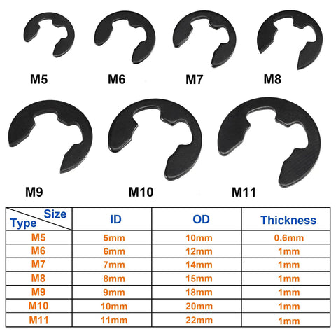 All In One Snap Ring Kit 400 Pcs External Retaining Circlips Set With 15 Metric Sizes From 1mm To 11mm Blackened Carbon Steel Durable E Clips For Shafts And Housings Great For DIY Auto And Machinery Projects, image showing size guide and E-clips.