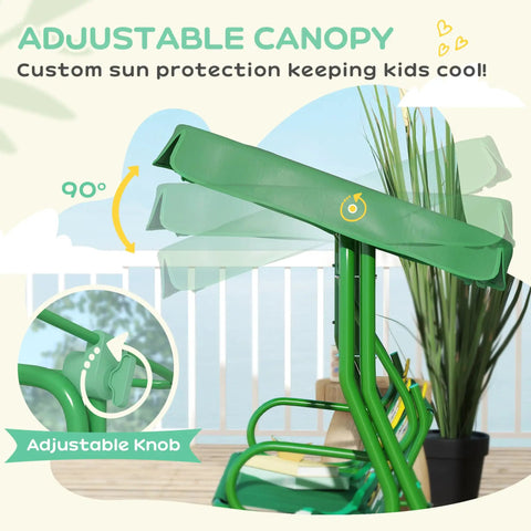 Adjustable canopy of Kids Patio Swing 2-Seater Outdoor Swing Chair With Adjustable Canopy And Safety Belt Lion Pattern Hanging Swing Bench For Garden Or Backyard Yellow Edition Great Gift For Kids