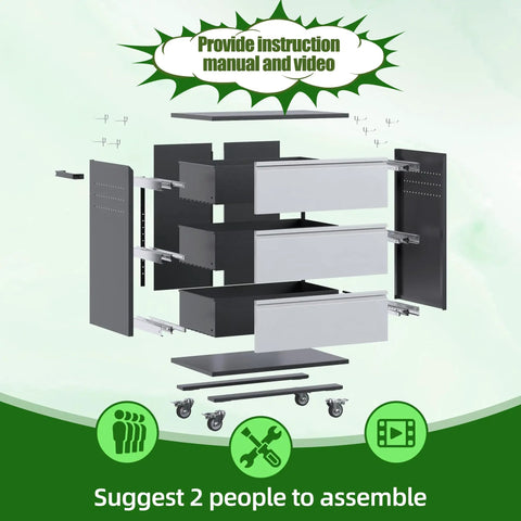 Exploded view of Heavy Duty Metal Rolling Tool Storage Cabinet With Drawers And Side Pegboards assembly components.