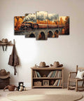 5 Piece Train Canvas Wall Art Set Rustic Vintage Steam Locomotive Prints With Autumn Landscape Railway Poster for living room