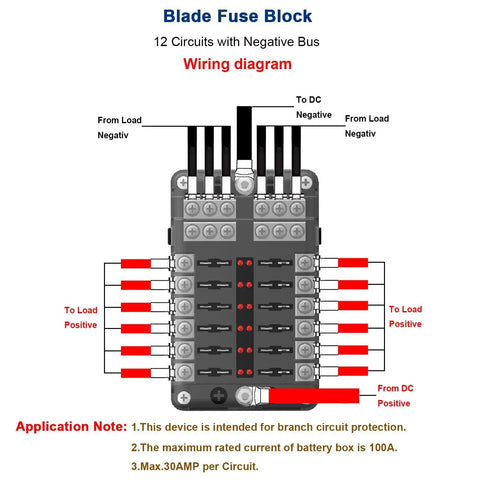Diagram showing 12 Way Blade Fuse Box Holder With LED Indicator And Protective Cover For Car Boat Marine Trike Truck SUV Yacht RV