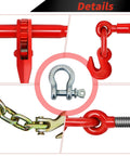 Heavy Duty 3/8 To 1/2 Inch Chain Binder Kit with 2 Grade 70 ratchet chains, red powder coat, hooks, and shackle details