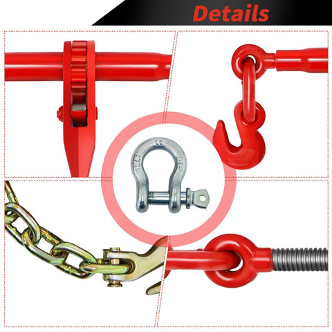 Heavy Duty 3/8 To 1/2 Inch Chain Binder Kit with 2 Grade 70 ratchet chains, red powder coat, hooks, and shackle details