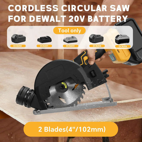 Lightweight 20V Cordless Mini Circular Saw Kit with 4 Inch Blades, brushless motor, cutting plywood on workbench.