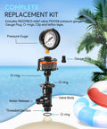 Sixcow high-flow manual relief valve replacement kit with pressure gauge; shows gauge, valve body and O-rings