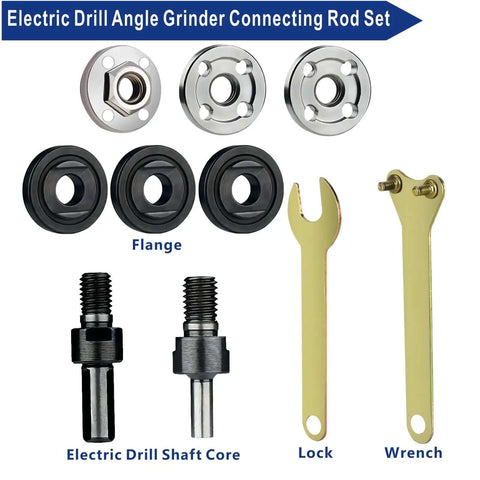 Electric Drill Grinder Wheel Disc Adapter Kit With 6 mm And 10 mm Shafts Adjustable Rotary Cutter Includes 2 Spanners 2 Shafts 6 Nuts Metal Deburring 10 Piece Set Pro Grade Heavy Duty DIY And Professional Use, showing shafts, flanges, and wrenches.