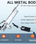 DIY Reciprocating Linear Actuator 24V with adjustable telescopic stroke and speed controller, features copper motor and metal body.