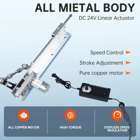 DIY Reciprocating Linear Actuator 24V with adjustable telescopic stroke and speed controller, features copper motor and metal body.