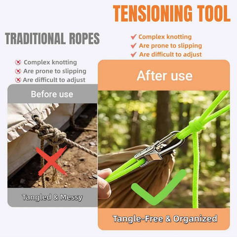 Ultra Lightweight Rope Tightening Tool With Roller Cam Four Pack For Camping And Boating Grab And Go No Knots Needed Locks Rope Instantly Ultra Compact Tensioner For Tarps Outdoor Gear Hiking And Emergency Fixes used to keep rope organized and tangle-free comparison with traditional knotted rope.