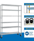 Heavy Duty Wire Shelving Unit 82 Inches Tall featuring adjustable steel racks, chrome finish, ideal for garage or basement storage.