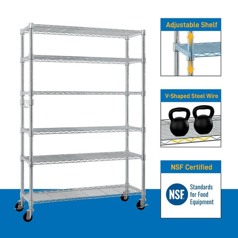 Heavy Duty Wire Shelving Unit 82 Inches Tall featuring adjustable steel racks, chrome finish, ideal for garage or basement storage.