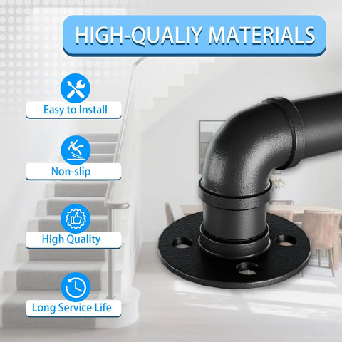 Heavy Duty Industrial Pipe Stair Handrail Black Wall Mount Safety Grab Bar For Indoor Outdoor Steps With Full Mounting Kit Built Tough Matte Black Finish showing quality materials and easy installation.