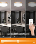 Brightness adjustment of dimmable wood flush mount ceiling light in dining room scene.