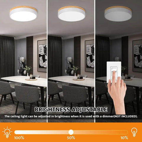 Brightness adjustment of dimmable wood flush mount ceiling light in dining room scene.