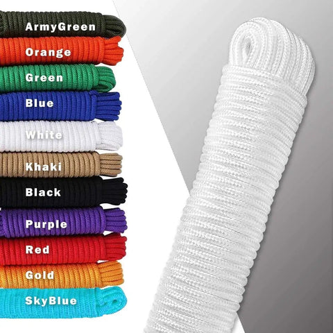 Various colors of heavy duty polyester rope, including 100 feet three eighth inch diamond braid all purpose utility cord white