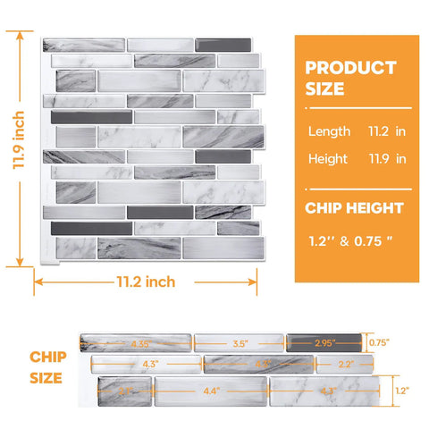 Product dimensions for 10 Sheet Peel And Stick Tile Backsplash In Grey 12x12 Premium Kitchen Tiles with upgraded strong adhesive.
