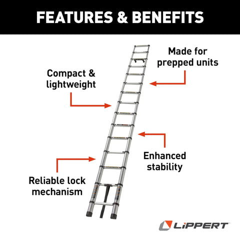 On The Go Portable Telescoping RV Ladder 14.5 Ft For Easy Roof Access, Quick Extend, And Deep Stow To 35.75 In, Heavy Duty 330 Lb Capacity, Stable And Safe Climbing For Your RV, Fits Lippert Ladder Receiver, telescoping aluminum ladder