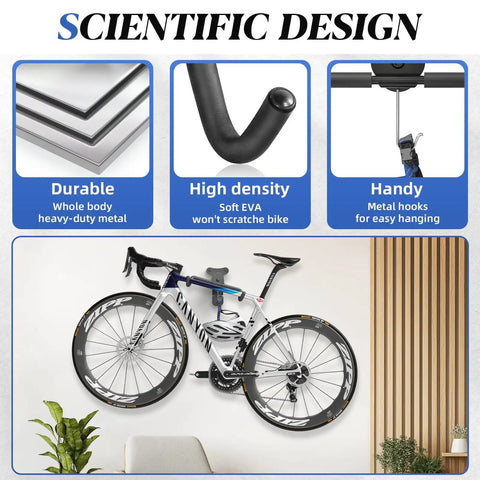 Image of an Adjustable Bike Wall Mount Hanger for Space Saving Horizontal Rack Heavy Duty Holder, featuring a bicycle mounted on a wall showcasing durability, high density EVA protection, and metal hooks for hanging.