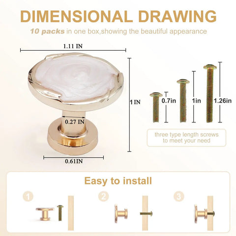 Dimensional drawing of 10 Pack Round Cabinet Knobs And Drawer Pulls Set for Kitchen Cupboard Doors with mounting screws and measurements.