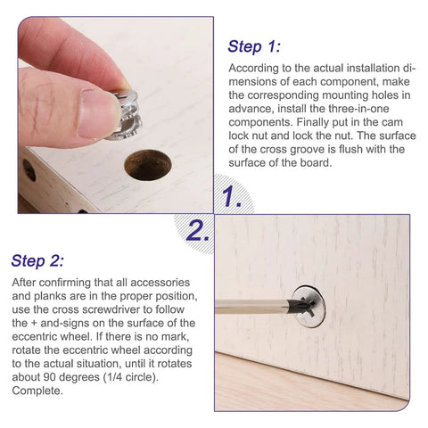 Heavy Duty Badass Furniture Cam Lock Nuts For Quick Cabinet Assembly installation steps on wood with tools.