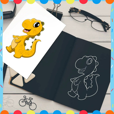 Sketchbook with dinosaur drawing and colored print, glasses and decorative items on a wooden surface with bordered design.