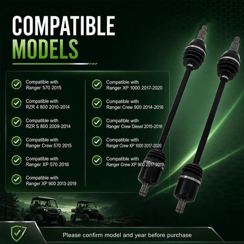 Image showing compatible models for Top Notch Front Cv Axle Drive Shaft Perfect Fit For Polaris Ranger Crew Exp 1000 Plus Rze R S Models.