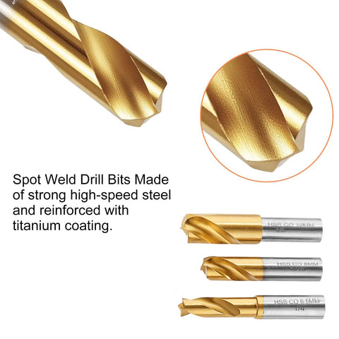 Spot Weld Cutter Drill Bits Set 20-Piece Heavy-Duty HSS Titanium Coated Rotary Weld Remover kit close-up and details