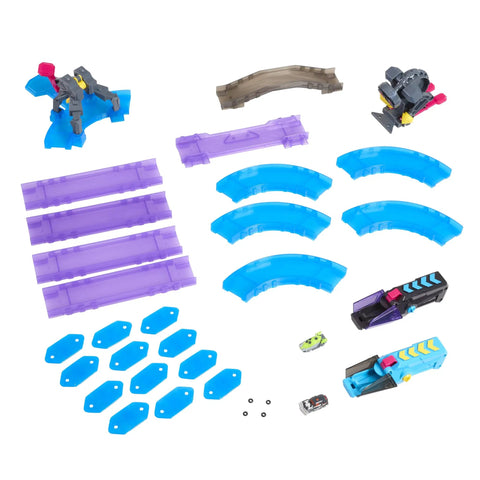 Components of Shockout Circuit Playset Race And Battle On A Customizable Track With Micro Scale Cars and parts displayed.