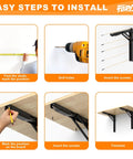 Installation steps for Heavy Duty Wall Mounted Folding Workbench, showing measuring, drilling, and securing to complete setup.