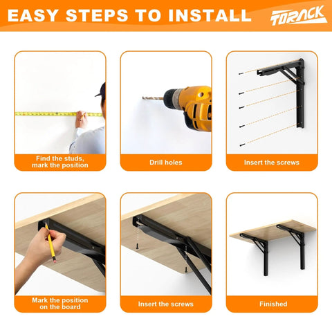 Installation steps for Heavy Duty Wall Mounted Folding Workbench, showing measuring, drilling, and securing to complete setup.