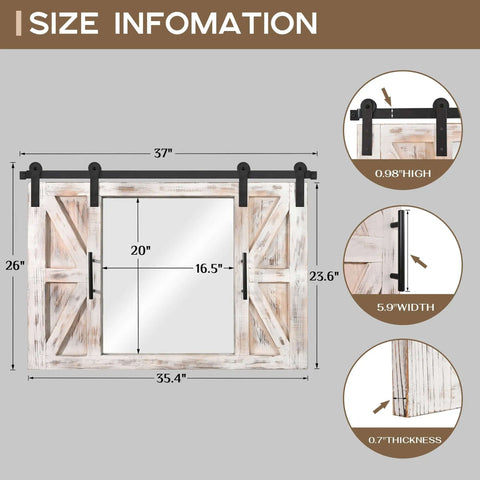 Farmhouse Barn Door Mirror With Rustic Wood Frame 37 By 26 Inches Wall Decor dimensions and hardware details, rustic white finish