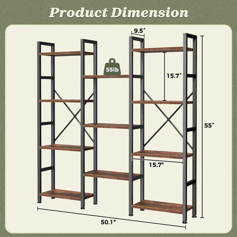 Super Solid Four Tier Bookshelf With Eleven Open Shelves And Hella Spacious Rustic Brown Frame Nifty Everyday Storage Solution For Living Room Books Photos And Cozy Home Decor dimensions showing height, width, and shelf measurements.