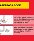 Instructional diagram for using Clear Book Tape 3 Inch By 540 Inch, Heavy Duty Permanent Adhesive for paperback book repair.