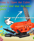 Rad Submarine Toy For Kids With Robotic Arms Adjustable Base Foldable Design Transformable Shapes Deep Sea Probe Action Realistic Drill And Pliers Bright Orange Build showing open cabin for storage