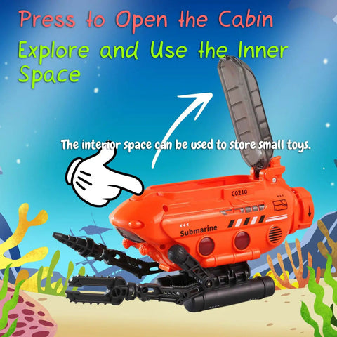 Rad Submarine Toy For Kids With Robotic Arms Adjustable Base Foldable Design Transformable Shapes Deep Sea Probe Action Realistic Drill And Pliers Bright Orange Build showing open cabin for storage