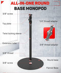 Diagram of round base monopod with labeled parts, including screw threads and adapters, showcasing 79-inch height and flannel base.